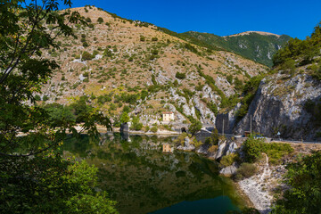 Lake San Domenico with Eremo di San Domenico near Scanno, Province of L'Aquila, region of Abruzzo, Italy