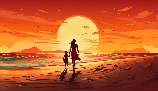 Mother and child walking hand in hand on a beach at sunset on Mother's Day.
