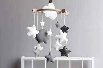 Baby crib mobile with stars, clouds and moon. Kids handmade toys above the newborn crib. First baby eco-friendly toys made from felt and wood on grey background. Generative AI
