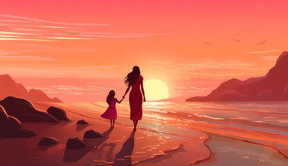 Fototapeta na wymiar Mother and child walking hand in hand on a beach at sunset on Mother's Day.