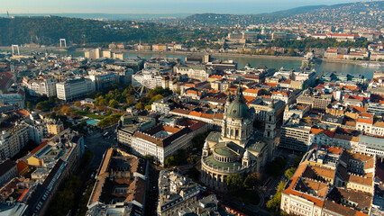 Obraz premium Aerial view of Budapest city skyline and St Stephens Basilica at sunrise, Hungary
