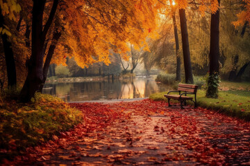 Fototapeta na wymiar Empty bench in autumn park, fall landscape, AI Generated