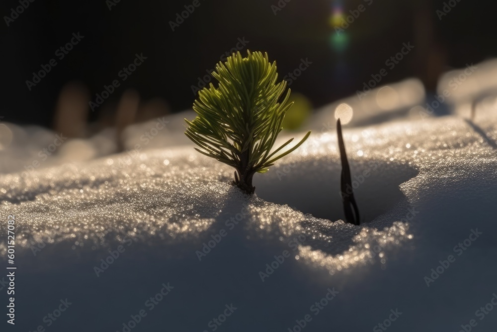 Poster fresh pine sapling emerging from a snowy ground Generative AI