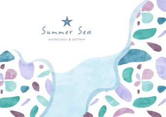 夏の海の水彩背景フレーム 抽象的な貝殻やサンゴ礁のパターンと波模様