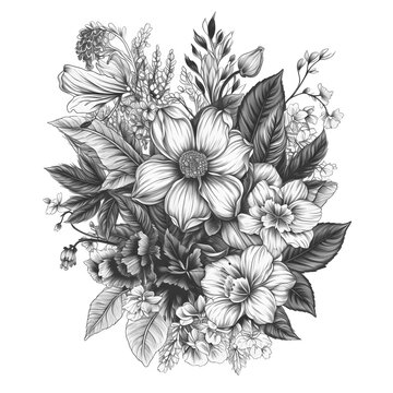 black and white sketch of flowers on a solid background. Generative AI