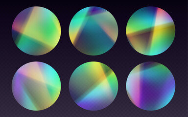 Crystal refraction stickers, leak flare, rainbow sunlight effect, holographic reflections in circle shape. Blurred optical rays, vintage camera glares. Vector illustration.