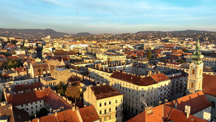 Obraz premium Budapest city sunrise skyline, aerial view. Danube river, Buda side, Hungary