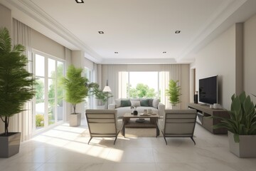 cozy and modern living room with comfortable furniture and a large flat screen TV Generative AI