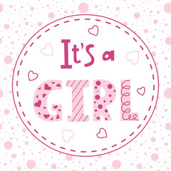 Background for Gender party. Baby shower greeting card template.  Handwritten text It's a Girl.