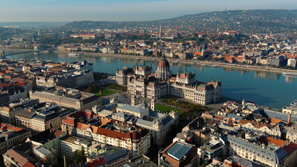 Aerial view of Hungarian Parliament Building in Budapest. Hungary Capital Cityscape at daytime. Tourism and European Political Landmark Destination