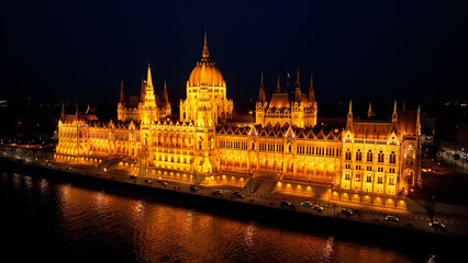 Aerial view of Budapest Hungarian Parliament Building at night. Travel, tourism and European Political Landmark Destination, Hungary