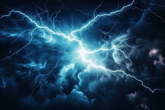 stormy night with lightning bolts against a dark blue background Generative AI