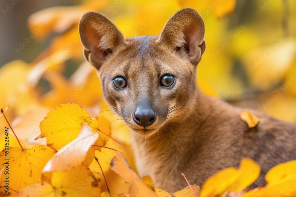 Poster curious cat exploring a field of autumn leaves generative ai