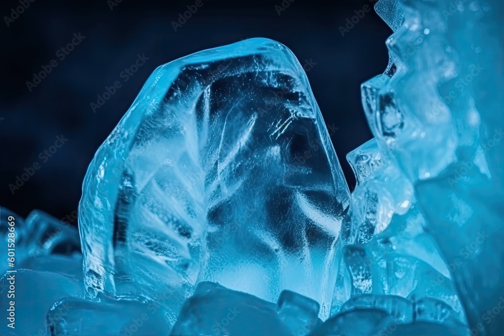 Aufkleber close-up view of crystal clear ice cubes on a dark background generative ai