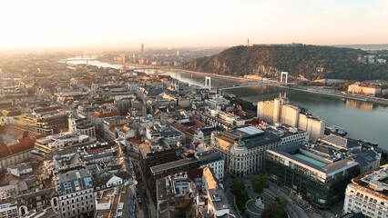 Fototapeta premium Aerial view of Budapest city skyline at sunrise, Hungary