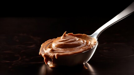 spoon with chocolate paste with nuts on a light black background. Chocolate Day. Generative AI