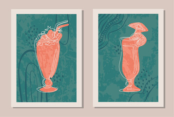 Abstract set of summer drinks in summer colors poster. Collection of contemporary art: abstract elements, coctails, on textured background for social media, postcards, print.