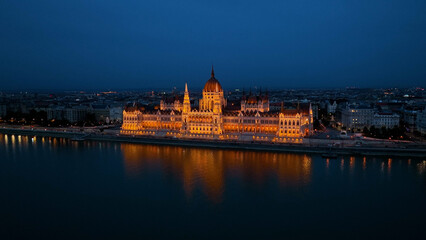 Fototapeta na wymiar Aerial view of Budapest Hungarian Parliament Building at night. Travel, tourism and European Political Landmark Destination, Hungary