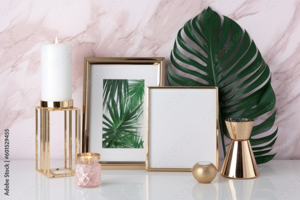 Poster luxurious white and gold table setting with decorative vases and framed photos generative ai