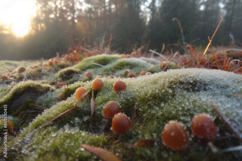 Poster close-up view of a mossy surface with bright red berries generative ai