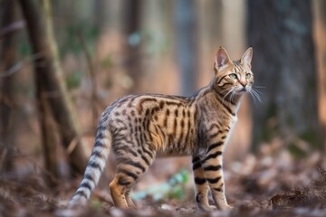 Naklejka na ściany i meble curious cat standing amidst a lush green forest Generative AI