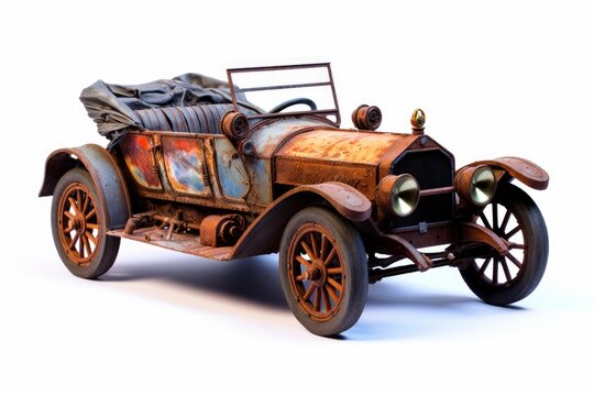 An antique car with a rusty body on a white background © hassani