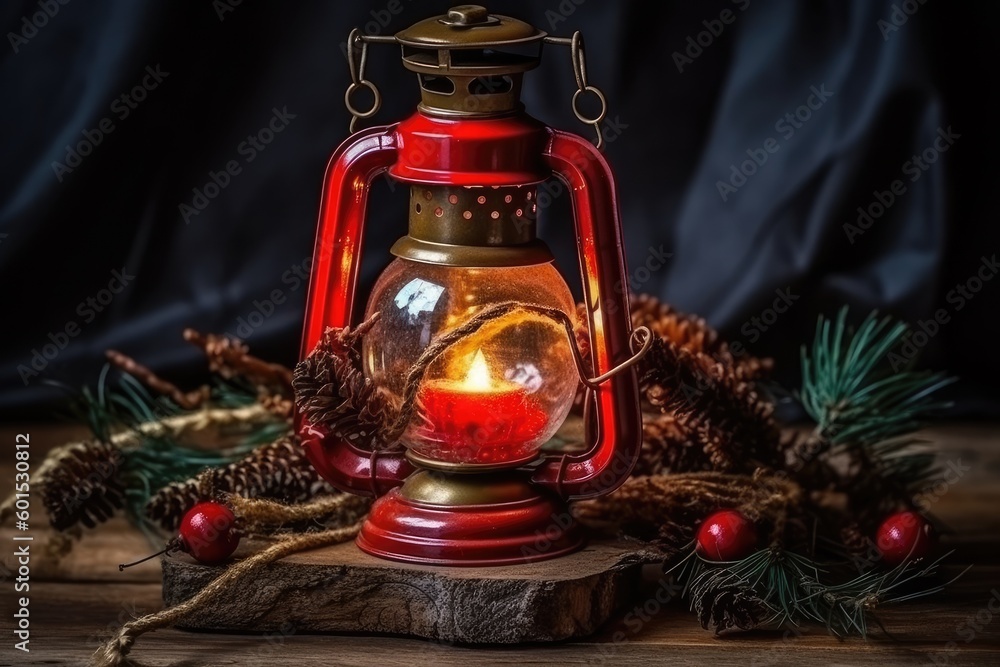 Poster rustic red lantern on a wooden table generative ai