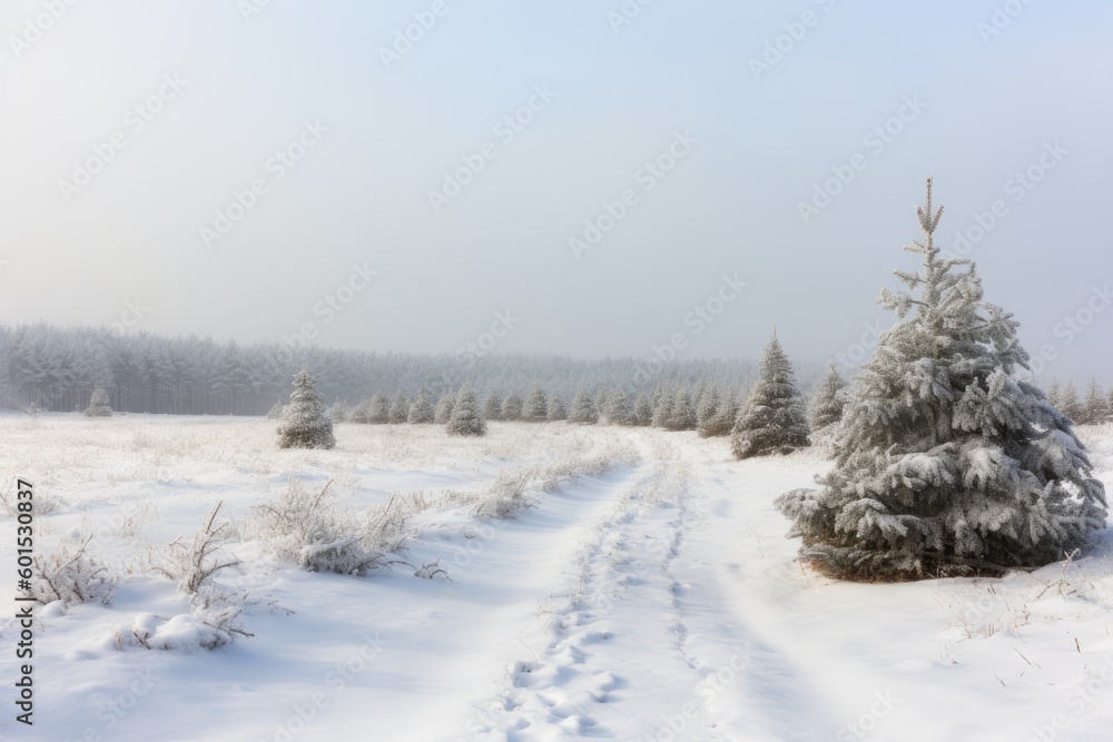 Aufkleber winter landscape with snowy field and trees with tracks in the snow generative ai