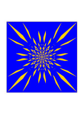 blaue quadratische fläche ein komplexes gelbes sternförmiges strahlenmuster, mudernes design