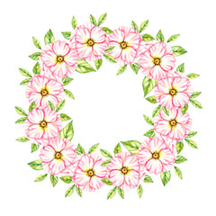 Watercolor wreath of wild rose flowers on a white background