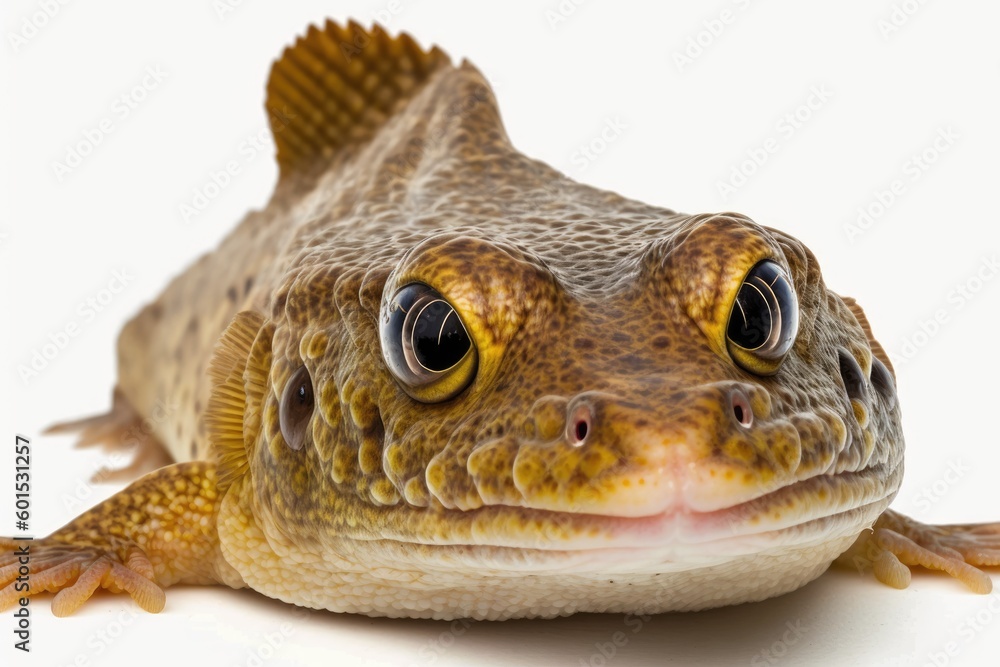 Poster close-up view of a colorful lizard on a plain white background generative ai