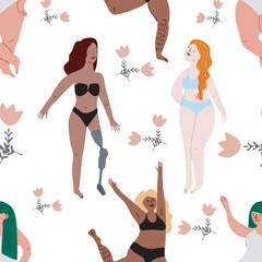 Semless pattern. Cute girls.Body positive movement and variety of beauty. Flat illustration. Transparent background