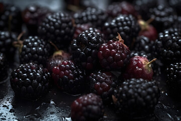 Blackberries close up. Summer, vitamins, healthy food concept. Fresh with water drops. Generative AI