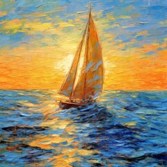 Fototapeta na wymiar impressionistic expressionist style painting, sailing ship in the ocean