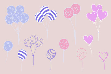 Set of balloons freehand drawn cartoon vector illustration. Wall Art with Kawaii Style with star and heart.  Isolated on a pink Background. Lovely Nursery Art Ideal for decoration card poster.