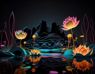 Lotus flower in pond with neon wireframe terrain effect on black background. Generative AI