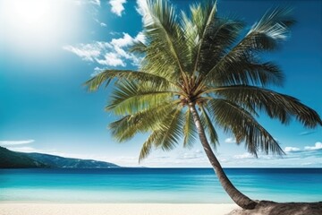 Fototapeta premium serene tropical beach scene with a palm tree Generative AI