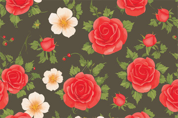 Seamless vector floral pattern with pink roses and
rosehip flowers, green leaves on
a dark green background.