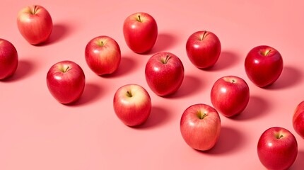 Ripe red apples on pastel pink background. Horizontal background design with fresh fruits. Generative AI.