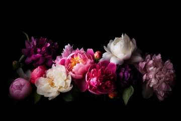 Peonies, roses on black background with copy space. Abstract natural floral frame layout with text space
created using generative AI tools