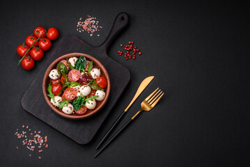 Delicious fresh salad with mozzarella cheese, cherry tomatoes, herbs, salt and spices