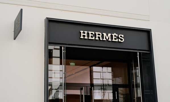 Vienna, Austria - April 22, 2023: Close-up sign of the Hermes boutique in the city center.