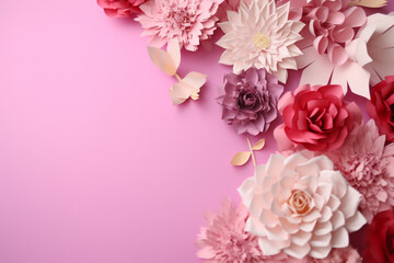 Many flowers made of paper on pink pale background with copy space. Floral frame layout with text space. Romantic feminine composition
created using generative AI tools