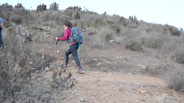 group of three latino hikers walking the arid hills in the north of Chile