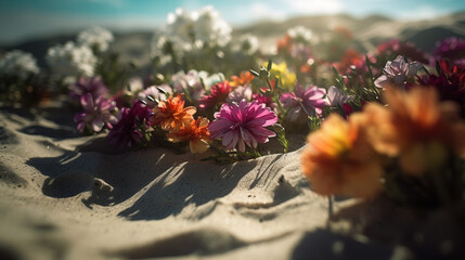 Fototapeta na wymiar Rainbow Flowers at the Beach, Made by AI, Artificial Intelligence