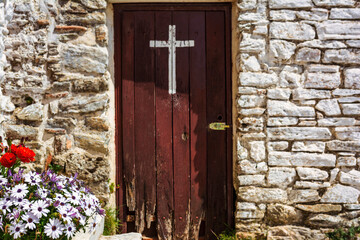 The entrance door of Orthodox monastery Saints Asomatos in Penteli, a mountain to the north of...