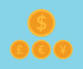 Coin of Dollar, Euro, Pound and Yen currency icons. USD, EUR, GBP and JPY money symbols