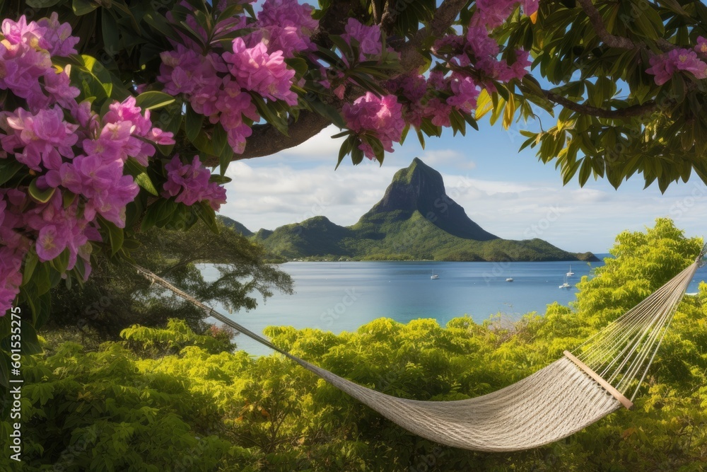 Poster tranquil hammock nestled in a tree with breathtaking mountain scenery in the background generative a