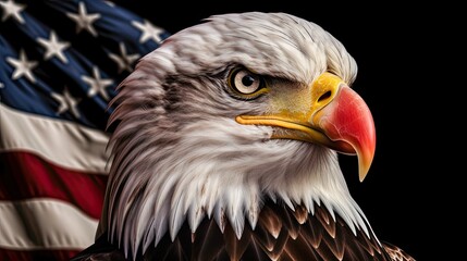 Obraz premium American bald eagle and american flag in background. Memorial Day, Independence Day, Generative Art