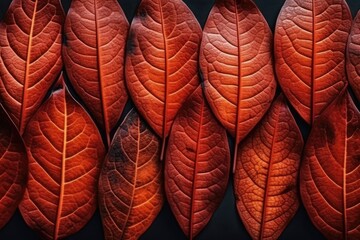 group of vibrant red leaves contrasted against a black background Generative AI